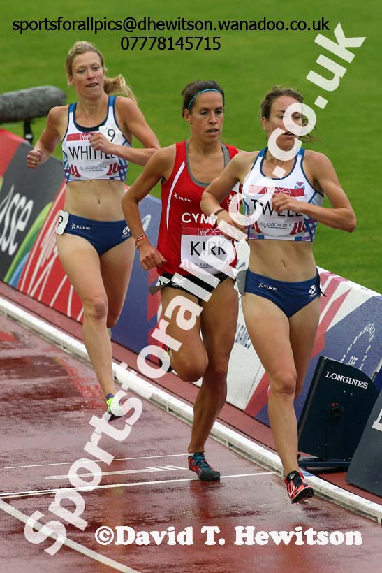 Steph Twell (Scotland), Elinor Kirk (Wales) and Laura Whittle (Scotland) in the womens 5000 metres at the Commonwealth Games, Glasgow. Photo: David T. Hewitson/Sports for All Pics